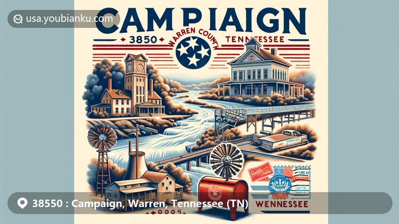 Modern illustration of Campaign, Warren County, Tennessee, blending natural scenery with postal elements, featuring Collins River, Rocky River, Falcon Rest Mansion, and Great Falls Cotton Mill.
