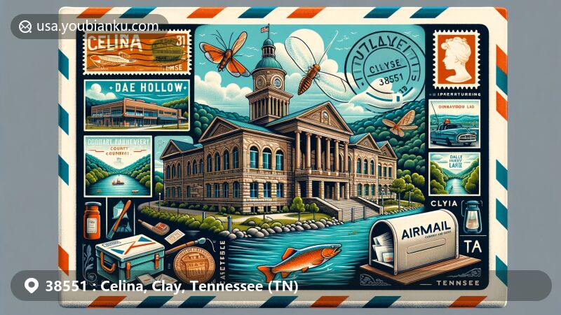 Captivating illustration of Celina, Tennessee, on vintage airmail envelope, featuring Clay County Courthouse, Dale Hollow Lake, and Donaldson Park, fused with postal elements and symbols.