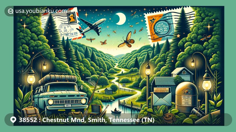 Modern illustration of Chestnut Mound, Tennessee, in the ZIP code 38552 area, showcasing natural beauty and communal spirit with hiking trails, fishing spots, and fireflies, incorporating postal themes of vintage postcards and mailboxes.
