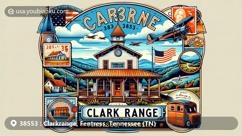 Contemporary illustration of Clarkrange, Fentress County, Tennessee, featuring Cumberland Mountain General Store and postal theme with ZIP code 38553, showcasing Tennessee state flag elements and Cumberland Plateau landscape.
