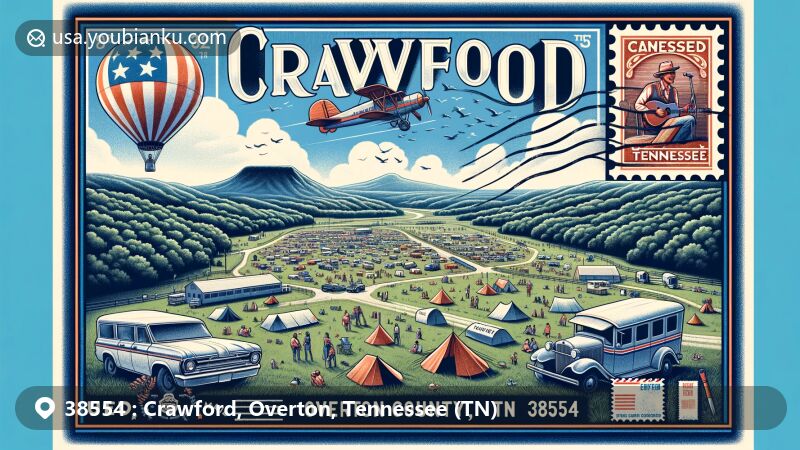 Modern illustration of Crawford, TN 38554 in Overton County, Tennessee, featuring Cub Mountain, vibrant Jammin at Hippie Jack's music festival, and postal elements like vintage airmail envelope and TN flag stamp.