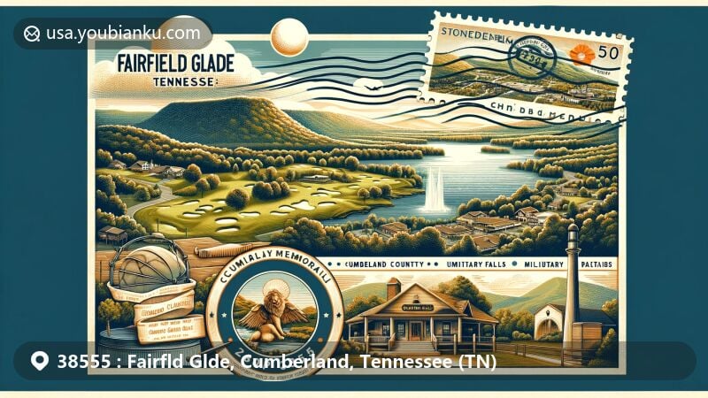 Modern illustration of Fairfield Glade, Cumberland County, Tennessee, featuring Stonehenge Golf Club, Ozone Falls, and Military Memorial Museum, representing the area's passion for golf, outdoor activities, and military history, set against the backdrop of Cumberland Plateau's lush landscapes.