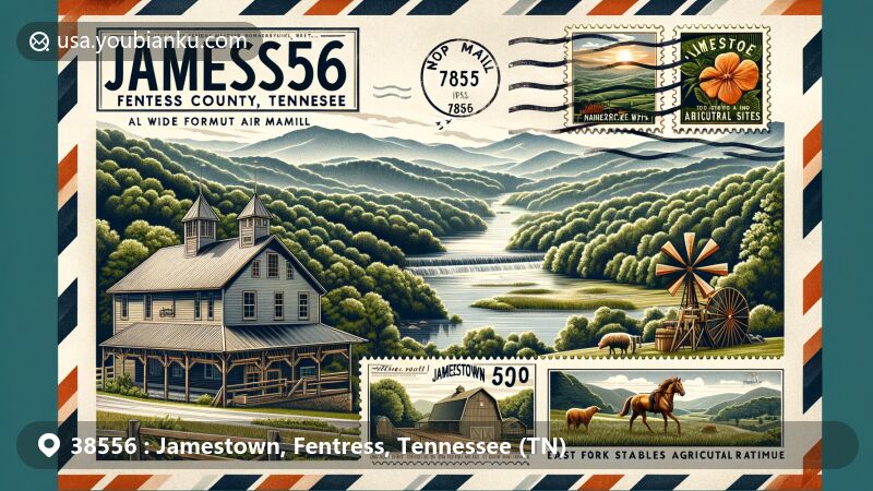 Modern illustration of Jamestown, Fentress County, Tennessee, with lush forests, mountain views of Cumberland Plateau, York Gristmill, Alvin C. York Agricultural Institute, East Fork Stables, Highland Manor Winery, vintage air mail envelope, postage stamps, postmark for ZIP 38556, outdoor activity symbols.