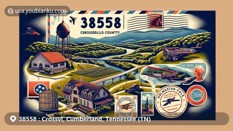 Modern illustration of Crossville, Cumberland County, Tennessee, featuring lush Cumberland Plateau landscapes, local landmarks like Stonehaus Winery and Homesteads Tower Museum, and postal heritage elements with vintage airmail envelope and postage stamp.