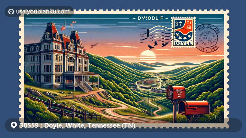 Creative depiction of Doyle, White County, Tennessee, harmonizing local landmarks and cultural symbols with postal elements, capturing the natural beauty of the Highland Rim and the heritage of the W.S. Terry building.