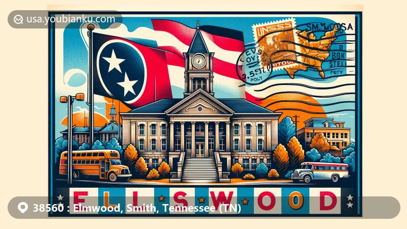 Modern illustration of Elmwood, Smith County, Tennessee, focusing on the historic Smith County Courthouse and Tennessee state flag, with a vintage postcard design and postal elements.
