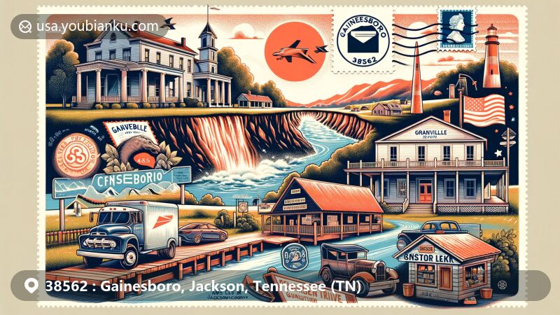 Modern illustration of Gainesboro, Jackson County, Tennessee, blending geography, landmarks, and postal theme with historic Gaines House, Flynn Creek Crater, Cumberland River, and Granville's Sutton General Store. Features vintage postcard layout, 'Gainesboro 38562' postmark, and postal icons.