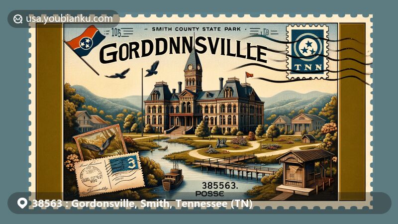 Modern illustration of Gordonsville, Smith County, Tennessee, highlighting local and postal elements in ZIP Code 38563, featuring Edgar Evins State Park, Smith County Courthouse, and Tennessee state flag.