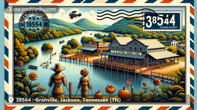 Modern illustration of Granville, Jackson County, Tennessee, featuring Cordell Hull Lake, T.B. Sutton General Store, a scarecrow representing the annual festival, the Cumberland River, and lush hills, integrated with a postal theme showcasing ZIP code 38564.