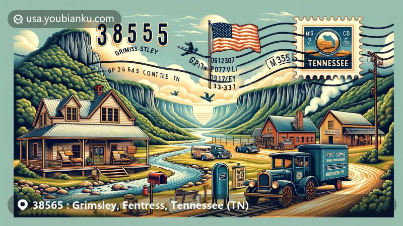 Modern illustration of Grimsley, Fentress County, Tennessee, showcasing ZIP code 38565, featuring Cumberland Plateau landscape, local community charm with post office and Beaty General Store, and Tennessee state flag.
