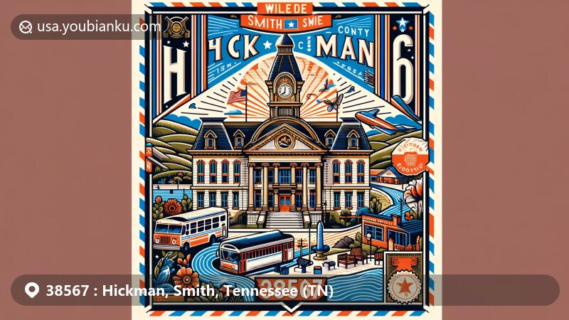 Modern illustration of Hickman, Smith County, Tennessee, showcasing vintage-style postcard design with iconic symbols and landmarks, including Smith County Courthouse and natural Tennessee landscapes.