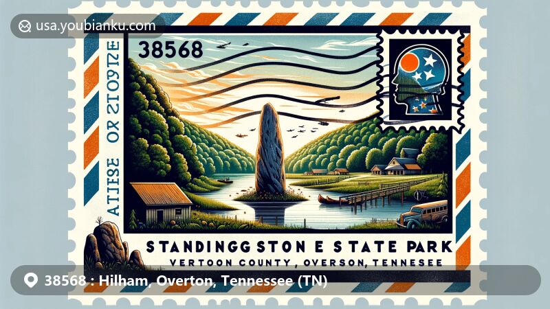 Modern illustration of Hilham, Overton County, Tennessee, highlighting postal theme with ZIP code 38568, featuring Standing Stone State Park and Tennessee state flag.
