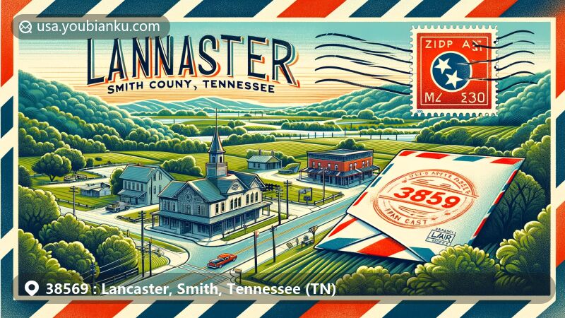 Modern wide-format illustration of Lancaster, Smith County, Tennessee, highlighting rural charm and picturesque landscape with iconic Highway 141 and Maple Street intersection, vintage air mail envelope featuring ZIP code 38569 and Smith County map stamp, Tennessee state flag in the background.