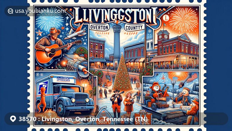 Modern illustration of Livingston, Overton County, Tennessee, depicting climate characteristics and music heritage, including Christmas in the Country event on Downtown Square with festive elements like tree lighting, fireworks, music, carolers, and postal motifs.