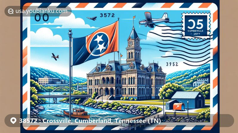 Modern illustration of Crossville, Cumberland, Tennessee, showcasing the Cumberland County Courthouse and Obed River Park, with Tennessee state flag and postal elements like ZIP Code 38572 stamp, postmark, and mailbox.