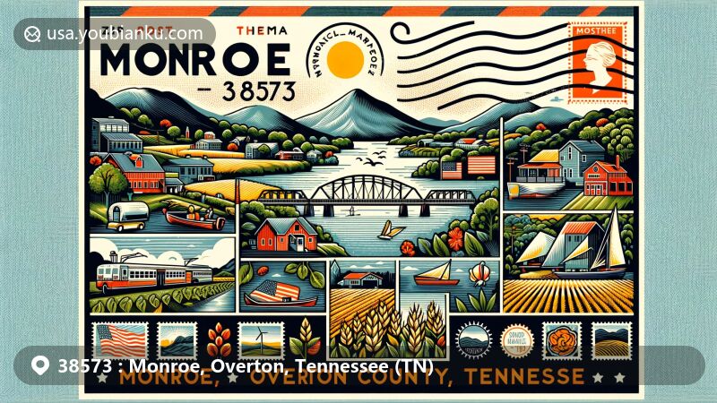 Modern illustration of Monroe, Overton County, Tennessee, featuring ZIP code 38573, showcasing geographic, cultural, and landmark elements, including Cummins Falls State Park, Dale Hollow Reservoir, and Sunset Marina and Resort.