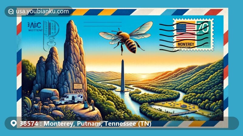 Modern illustration of Monterey, Tennessee, featuring air mail envelope, Bee Rock, and Standing Stone Monument, showcasing natural beauty and Native American heritage.