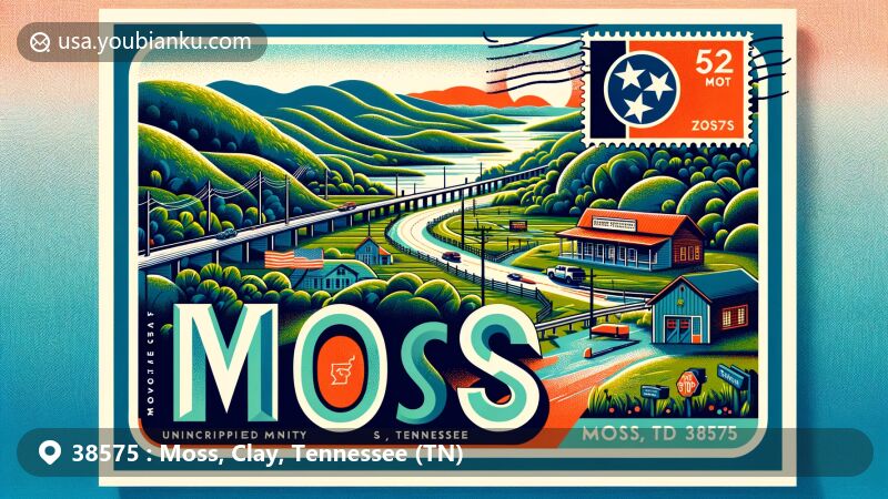 Modern illustration of Moss, Clay County, Tennessee, featuring Tennessee State Route 52 connecting to Kentucky, showcasing lush hills and greenery, vintage postage stamp with state flag, 'Moss, TN 38575' postmark, and charming postal drawing.