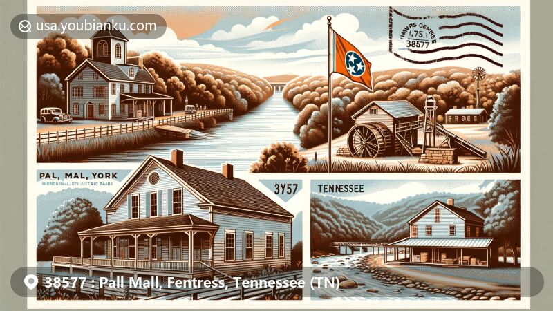 Modern illustration of Sgt. Alvin C. York State Historic Park in Pall Mall, TN, featuring colonial revival house, Wolf River gristmill, and historic general store, embodying historical significance in ZIP Code 38577.