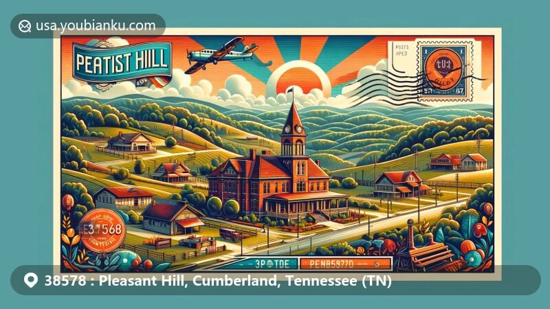 Modern illustration of Pleasant Hill, Cumberland County, Tennessee, capturing the essence of ZIP code 38578, featuring Cumberland Plateau and Pioneer Hall.