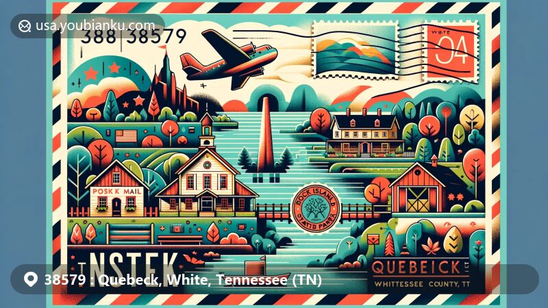 Modern illustration of Quebeck, Tennessee, in White County with ZIP code 38579, featuring landmarks like Quebeck Community Center and Rock Island State Park in a postcard-like design with postal motifs.
