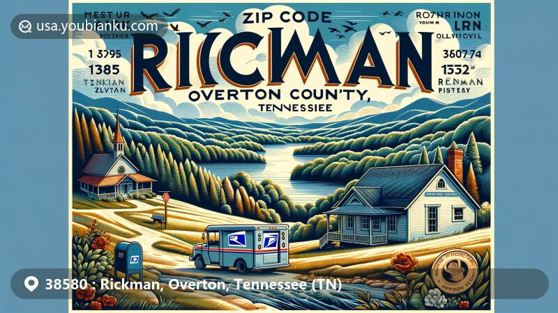 Modern illustration of Rickman, Overton County, Tennessee, highlighting rural charm, outdoor recreation, and postal features, including forests, lakes, streams of Cumberland Plateau. Scene includes hiking trail or lake, showcasing natural beauty, community atmosphere with postal elements like post office, mailbox, and delivery vehicle against rolling hills.