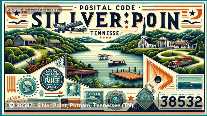 Modern illustration of Silver Point, Putnam County, Tennessee, depicting natural beauty, Edgar Evins State Park, Center Hill Lake, and the historic West End Church of Christ. Postal theme features vintage air mail envelope, stamps, and ZIP code 38582.