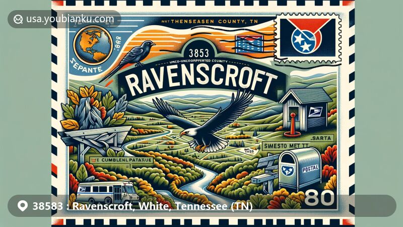 Modern illustration of Ravenscroft, White County, Tennessee, merging postal elements with local features like Cumberland Plateau and Calfkiller River, incorporating state symbols and ZIP code 38583.