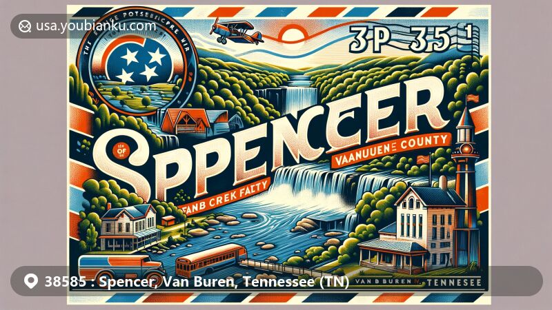 Modern illustration of Spencer, Van Buren County, Tennessee, showcasing postal theme with ZIP code 38585, featuring Fall Creek Falls and Tennessee state flag.