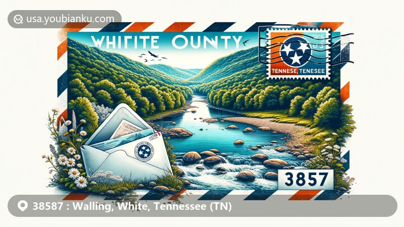 Modern illustration of Walling, White County, Tennessee, highlighting postal theme with ZIP code 38587, featuring Caney Fork River and White County's unspoiled wilderness.