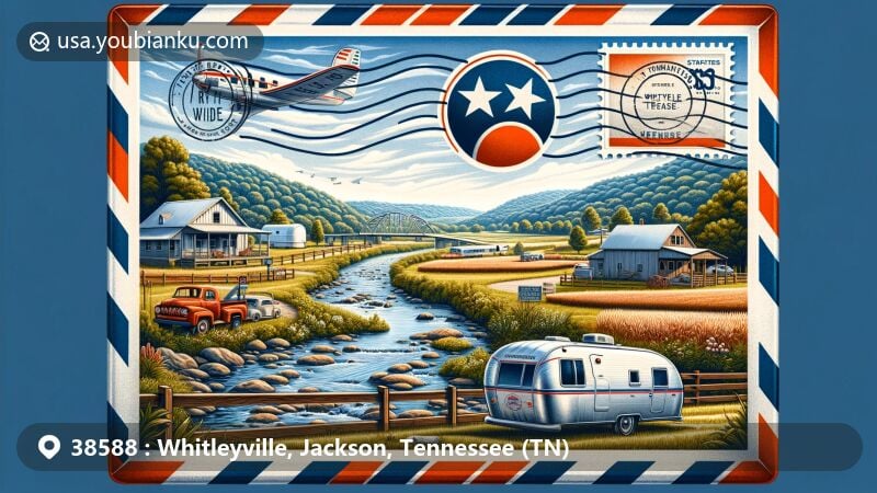 Modern illustration of Whitleyville, Tennessee, highlighting rural charm and postal theme, featuring Jennings Creek, State Routes 56 and 135, traditional farm fields, grasslands, and a small post office, framed in a decorative airmail envelope with Tennessee state flag motifs.