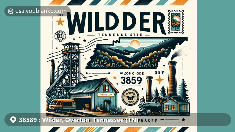 Modern illustration of Wilder, Overton County, Tennessee, highlighting postal theme with ZIP code 38589, featuring vintage coal mine entrance, Cumberland Mountains, and Tennessee state outline.