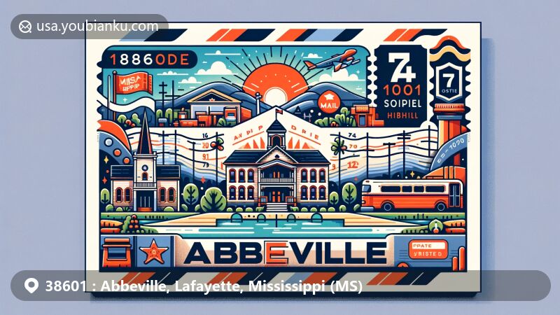 Modern illustration of Abbeville, Lafayette County, Mississippi, featuring postal theme with ZIP code 38601, showcasing Mississippi state flag and local symbols.