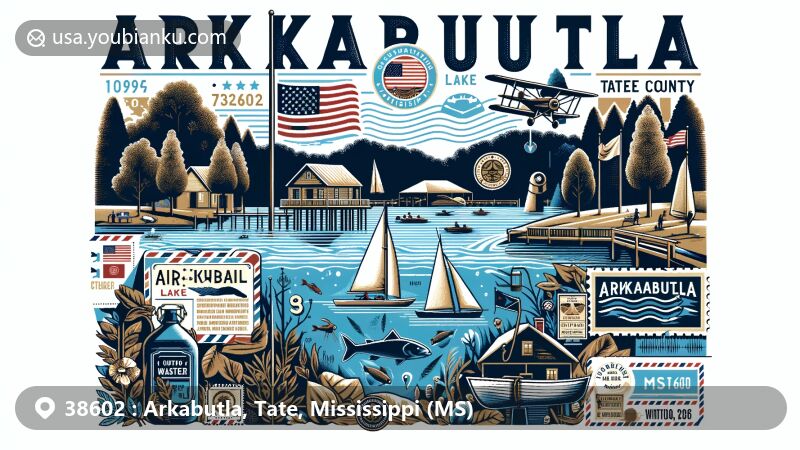 Modern illustration of Arkabutla, Tate County, Mississippi, featuring outdoor recreation and historical significance, showcasing Arkabutla Lake activities like camping and sailing, and the history of Coldwater underwater town, with iconic Mississippi symbols and postal elements like airmail envelope, postage stamp, and ZIP code 38602.