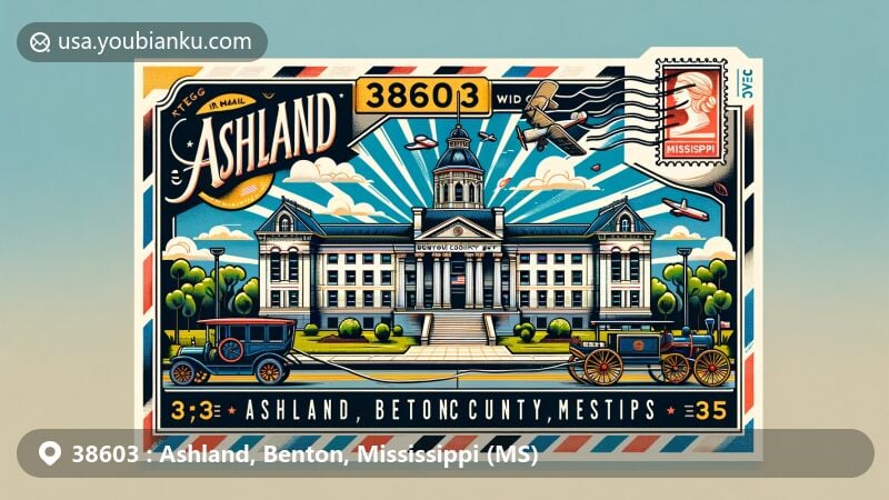 Modern illustration of Ashland, Benton County, Mississippi, featuring Benton County Courthouse and ZIP code 38603 in a creative postcard style with elements of humid subtropical climate, Mississippi state flag, and postal theme.