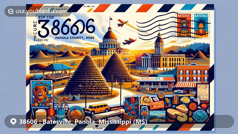 Modern illustration of Batesville, Mississippi, showcasing Batesville Mounds, Panola County Courthouse, local cultural elements, cuisine, downtown square, and postal theme with ZIP code 38606, all captured in a vibrant postcard design.