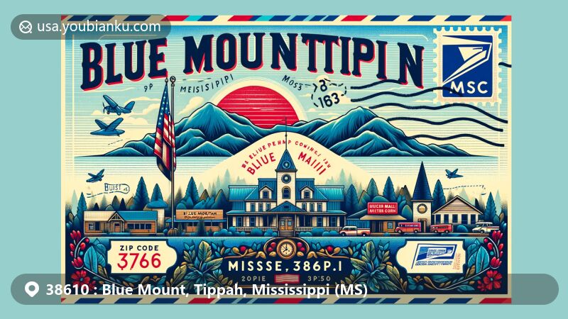 Modern illustration of Blue Mountain, Tippah County, Mississippi, inspired by ZIP code 38610, featuring Blue Mountain Christian University and iconic landmarks against a backdrop of rolling hills and postal motifs.