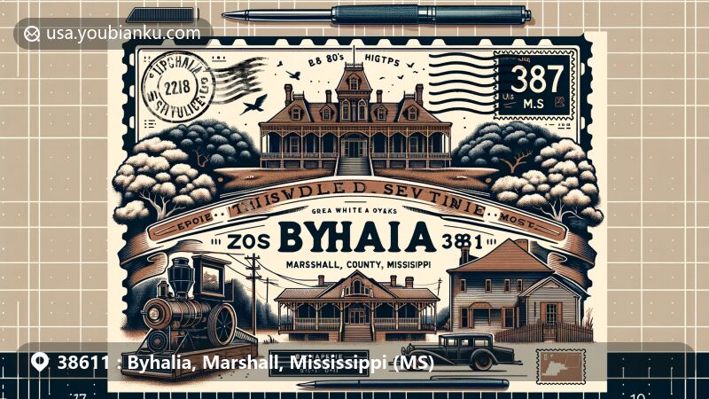 Modern illustration of Byhalia area, Marshall County, Mississippi, featuring Thistledome Mansion and natural beauty, representing town's history and charm.