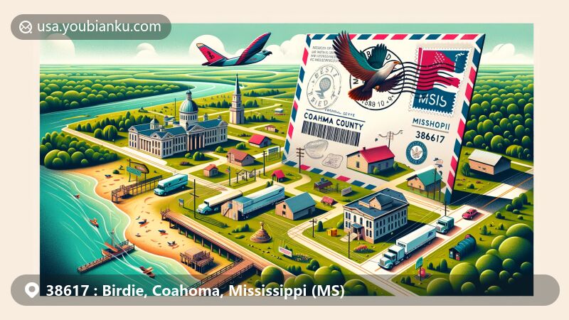Vibrant illustration of Birdie, Coahoma, Mississippi (MS), showcasing aerial view with iconic state symbols, postal elements, and lush landscapes, emphasizing ZIP code 38617.