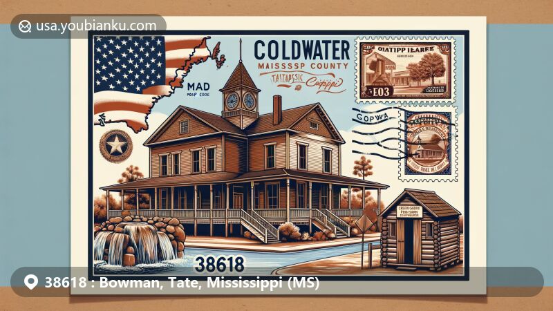 Modern illustration of Coldwater, Tate County, Mississippi, featuring town square, historic school, and Jesse J. Edwards Public Library, with Mississippi state flag and postal elements.