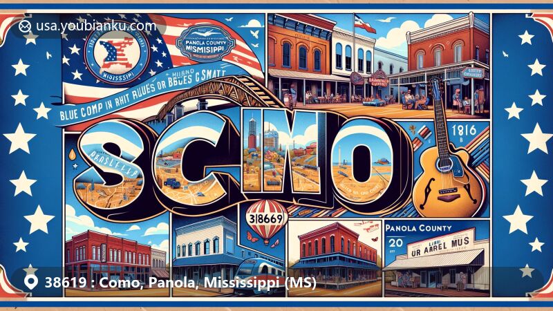Modern illustration of Como, Panola County, Mississippi, highlighting postal theme with ZIP code 38619, featuring Mississippi state flag and iconic symbols of blues music heritage.