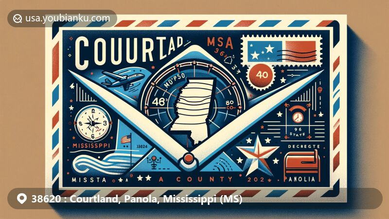 Modern illustration of Courtland, Mississippi, highlighting postal theme with vintage air mail envelope and Mississippi state outline, featuring rural charm and a population of around 460, incorporating elements of small town ambiance and Mississippi state flag.