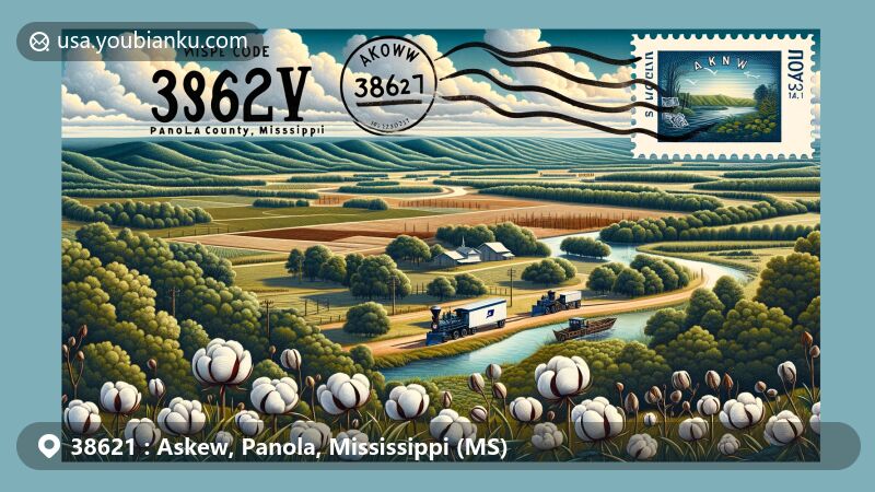 Modern illustration of Askew, Panola County, Mississippi, featuring the Askew Wildlife Management Area, lush greenery, rivers, vintage postal theme with ZIP code 38621, and Mississippi state symbols.