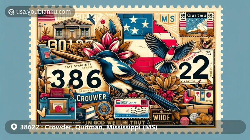 Modern illustration of Crowder, Quitman County, Mississippi, showcasing postal theme with ZIP code 38622, featuring Mississippi state symbols including magnolia and mockingbird.