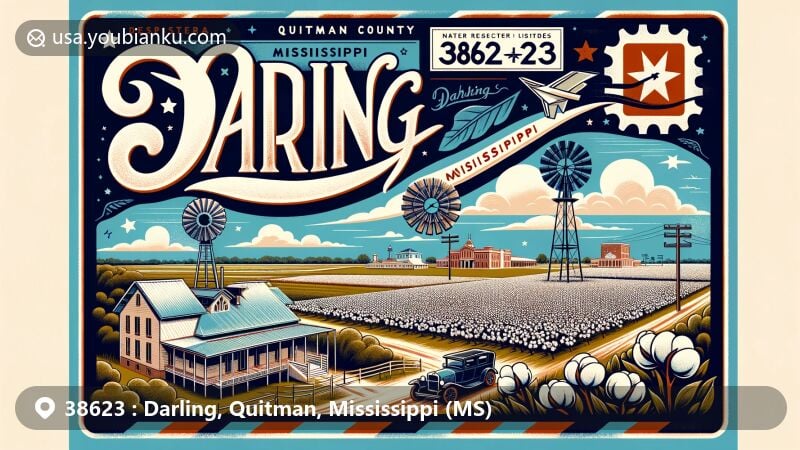 Modern illustration of Darling, Quitman County, Mississippi, featuring rural landscapes and postal theme with ZIP code 38623, incorporating key symbols like the Denton Site and Mississippi state flag.