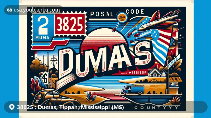 Modern illustration of Dumas, Mississippi, and Tippah County, postal code 38625, with state flag and Dumas Lake, in a creative postcard design. Features vintage postage stamp and postal theme.