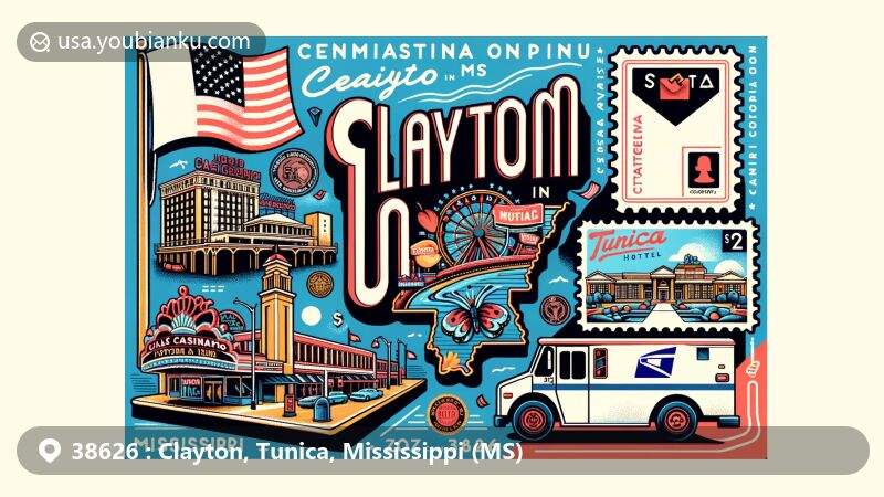 Modern illustration of Clayton and Tunica, Mississippi, representing postal theme with ZIP code 38626. Features Mississippi state flag, Tunica county outline, Hollywood Casino, 1st Jackpot Casino, Fitzgeralds Hotel, Tunica Museum, plus postal elements like stamps, postmarks, and mail trucks. Artistic blend in postcard-like background with Clayton, Tunica, and Mississippi text, capturing region's charm and nostalgic postal vibes.