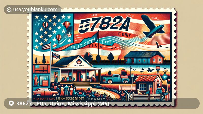 Vintage-style illustration of Etta, Union County, Mississippi, combining postal theme with ZIP code 38627, featuring Mississippi state flag and rural landscape, reflecting the close-knit community atmosphere of Etta.