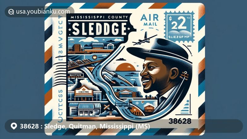 Modern illustration of Sledge, Mississippi, ZIP code 38628, featuring map outline of Quitman County, portrait of Charlie Pride, elements of Poor People's Campaign, air mail envelope design with Mississippi state flag stamp and 'Sledge, MS 38628' postmark.