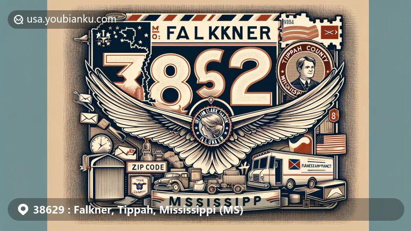Modern illustration of Falkner, Tippah County, Mississippi, featuring a stylized airmail envelope with ZIP code 38629, showcasing Tippah County's map, state symbols, and vintage postage stamp of William Clark Falkner.